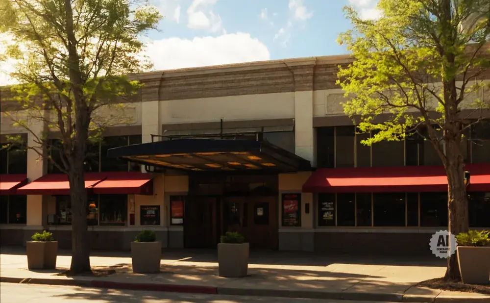 A building with a covered entrance, red awnings, and trees in front.