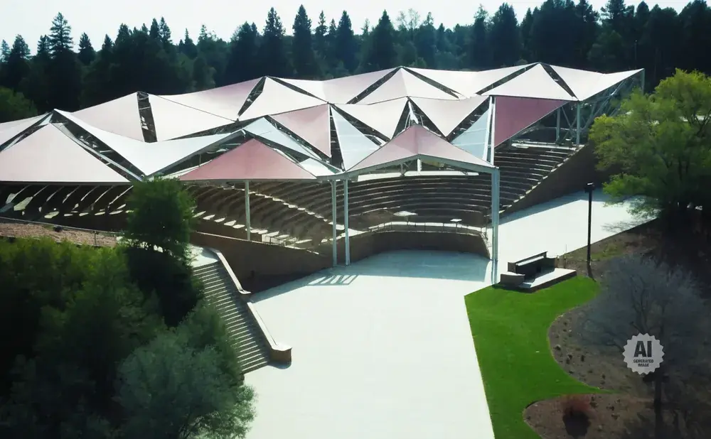 Outdoor amphitheater with tiered seating and a unique, geometric canopy structure.