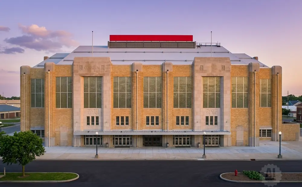 The Coliseum, a large art deco building with yellow brick and stone accents, stands under a soft purple sunset.
