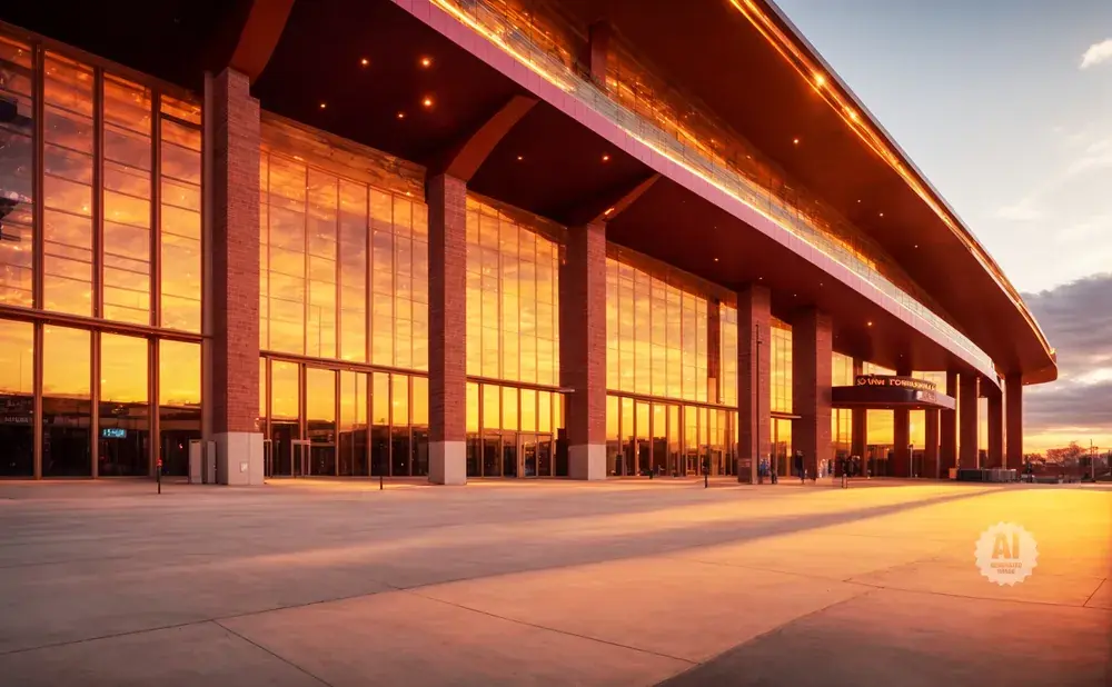 Modern building with large glass windows reflecting a fiery orange sunset.