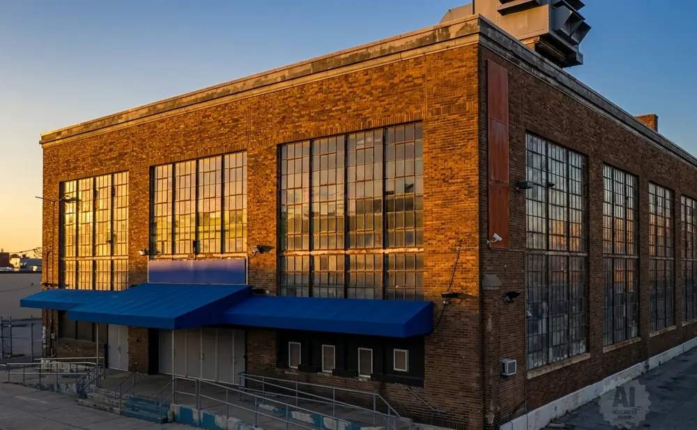 An old brick industrial building with large, grid-paned windows at sunset.