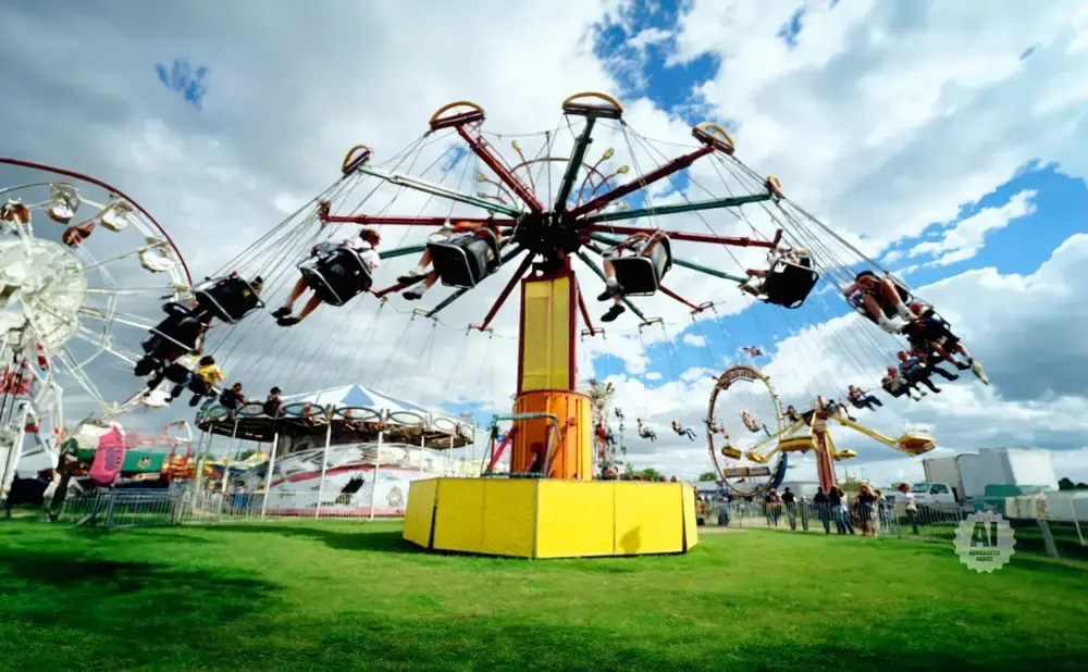 A swing ride spins at a fair with a Ferris wheel and carousel in the background under a cloudy sky.