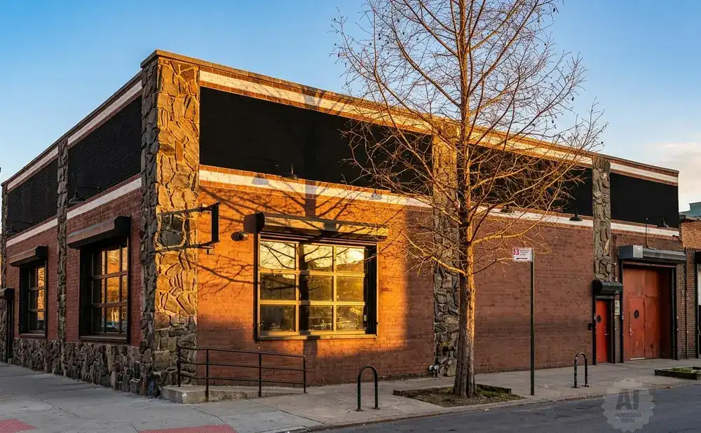 A brick building with stone accents and large windows bathed in golden sunlight.