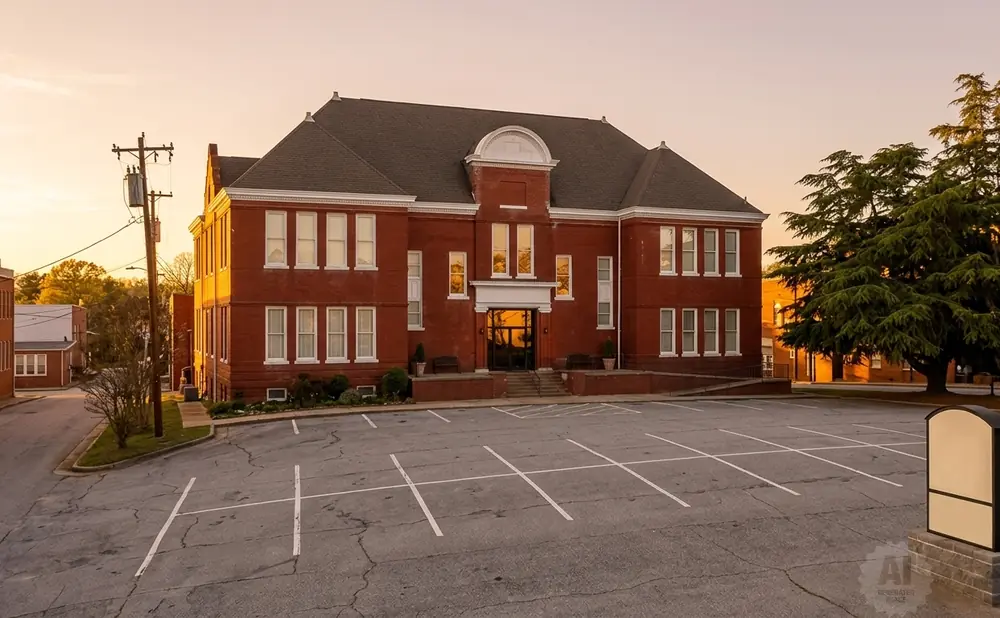 Sunset over a red brick building with a parking lot in front and large evergreen trees to the right.