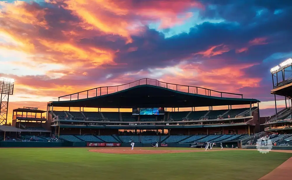 A baseball stadium with blue seats, green grass, and a vibrant sunset sky with orange and purple clouds.