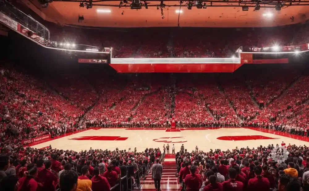 A packed basketball arena, with nearly everyone wearing red, watches the game on the court.