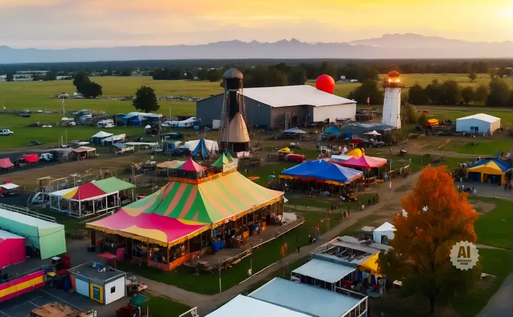 An aerial view of a fairground with colorful tents, a lighthouse, and a water tower at sunset.