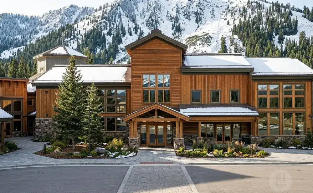 A modern wooden lodge with large windows sits at the base of snow-covered mountains and pine trees.