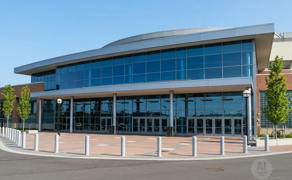 Modern building with large glass windows and entrance, flanked by trees.