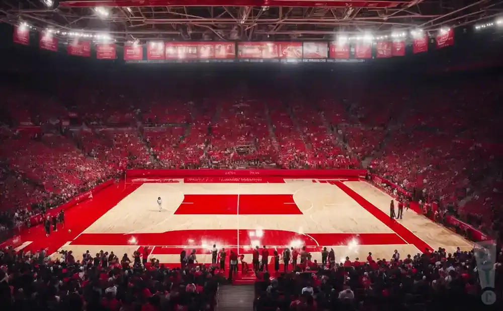 A red-themed basketball arena with players on the court and a crowd in the stands.