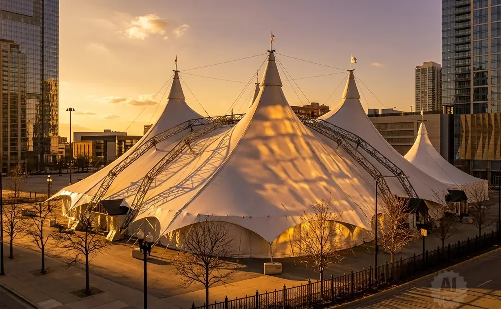 A large white tent structure with pointed peaks stands in a city at sunset.