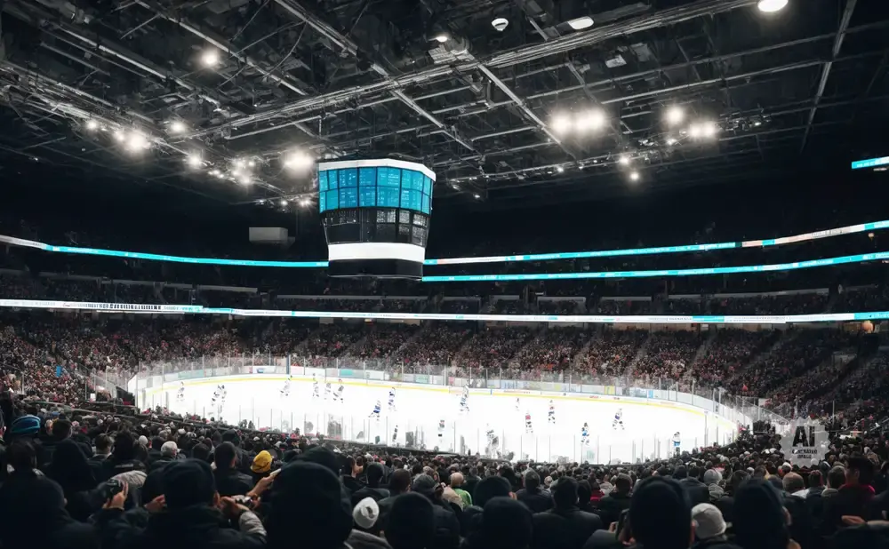 A packed hockey arena with a scoreboard hanging above the ice rink.