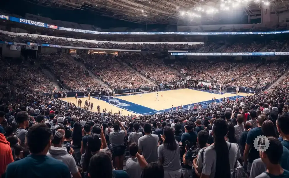 A packed basketball arena with fans in the stands watching a game on the court.