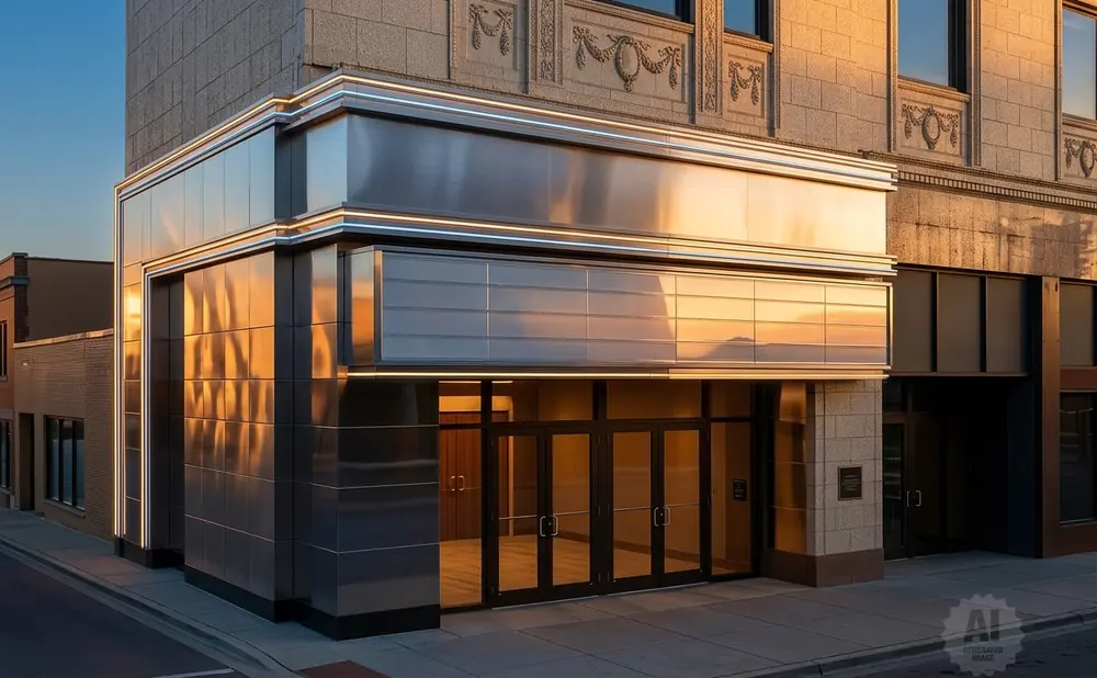 Modern building entrance with reflective metallic facade and large glass doors, bathed in golden sunset light.