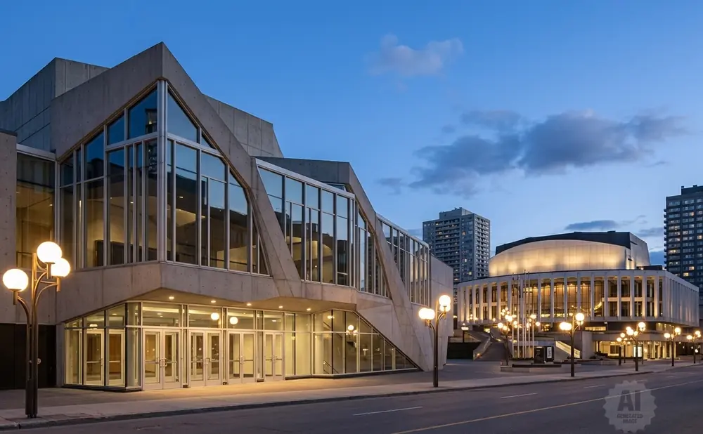 Modern concrete building with large windows, lit by streetlights at dusk.