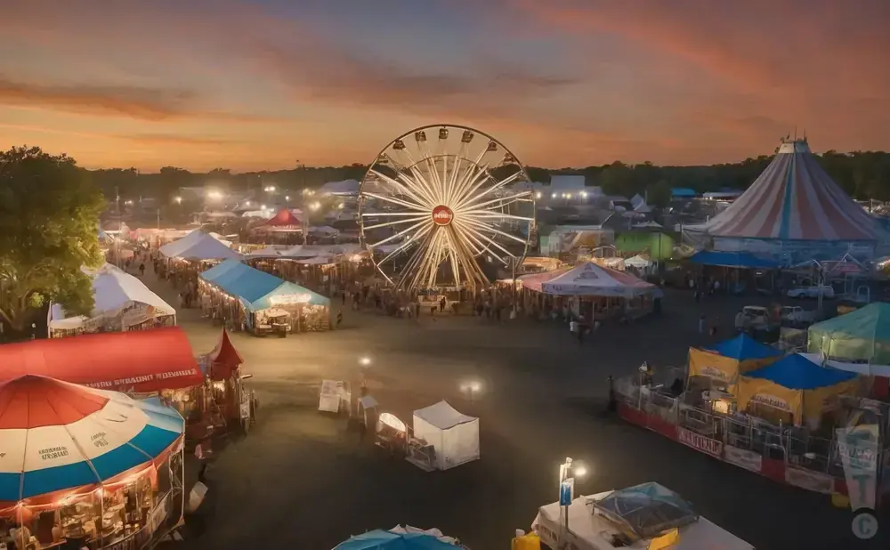 An aerial view of a carnival at dusk, with a lit Ferris wheel and various tents and rides.