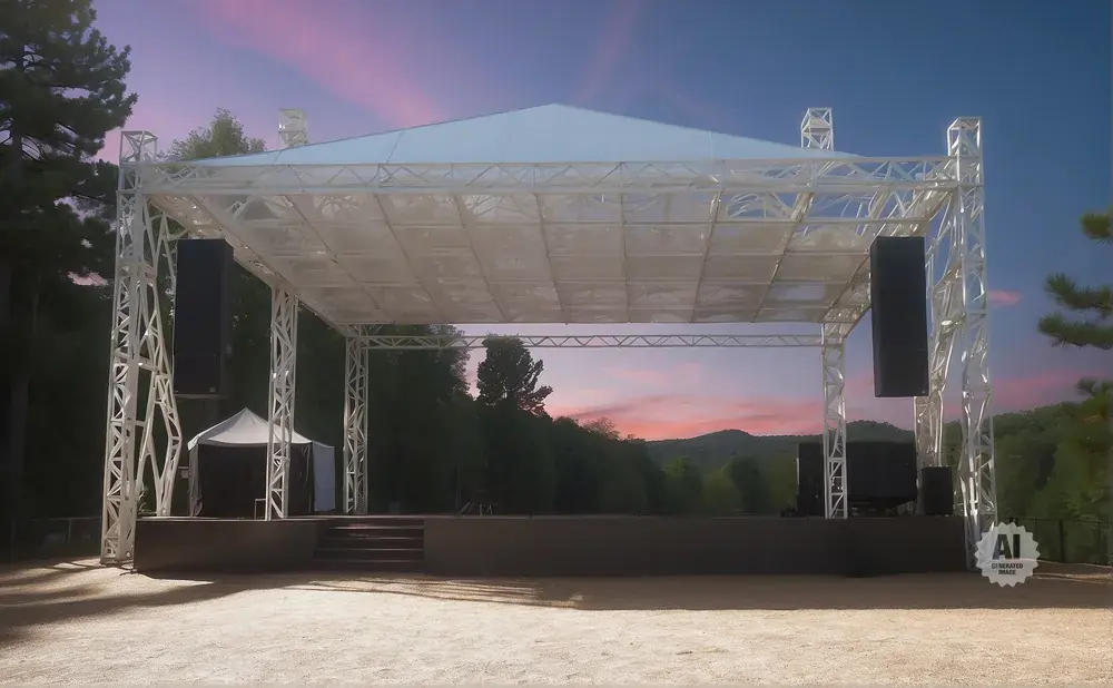 Outdoor stage with speakers and tent set up against a sunset sky.