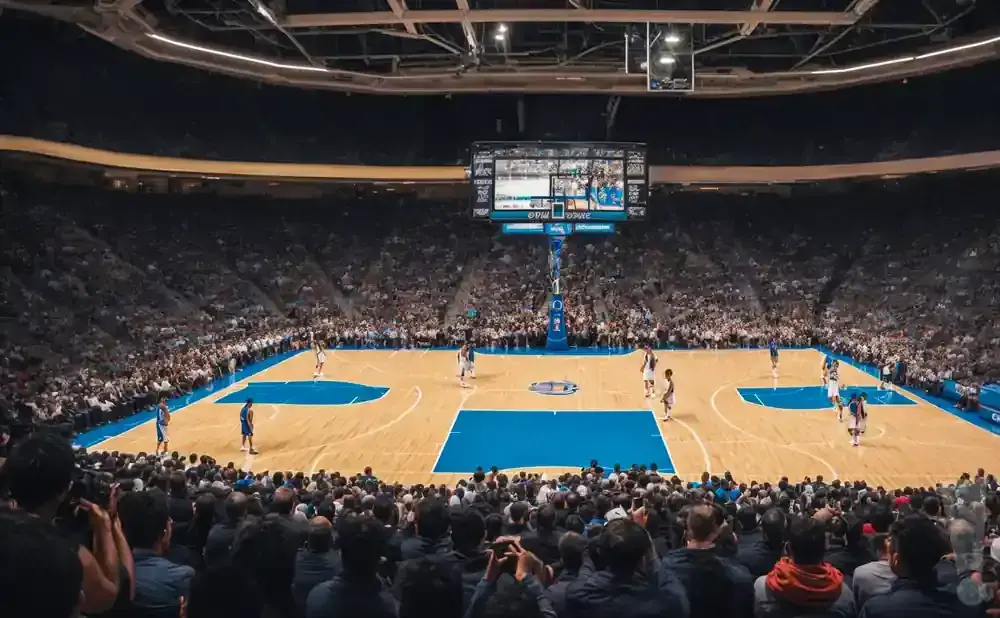 A basketball game in progress with players on the court and a crowd in the stands.