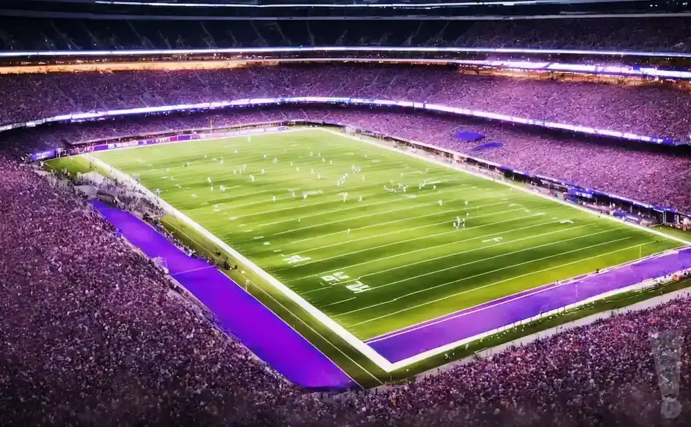 An aerial view of a brightly lit football stadium at night with a large crowd of spectators in purple seats.