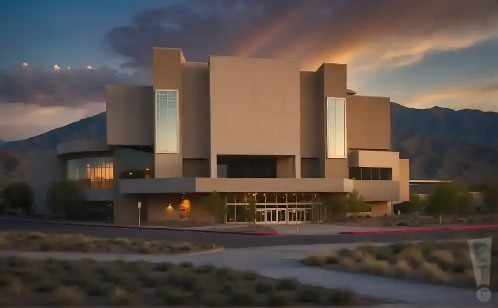 Modern beige building with large windows in front of mountains at sunset.