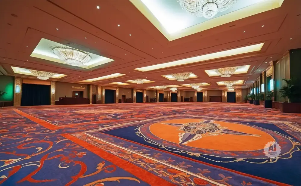 An empty, grand ballroom with ornate carpets and chandeliers.