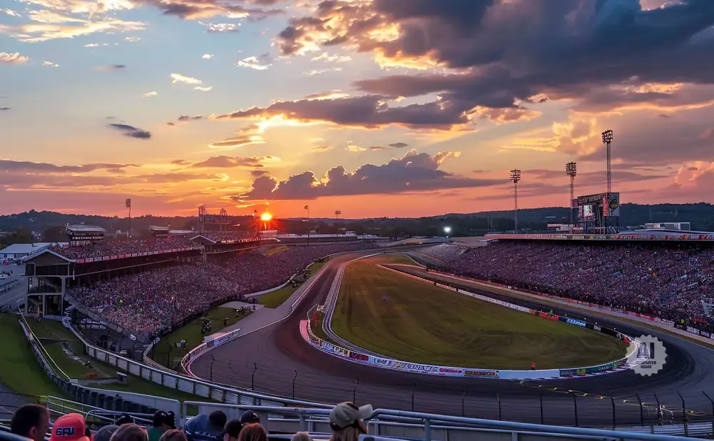Sunset over a crowded race track stadium with dramatic clouds.