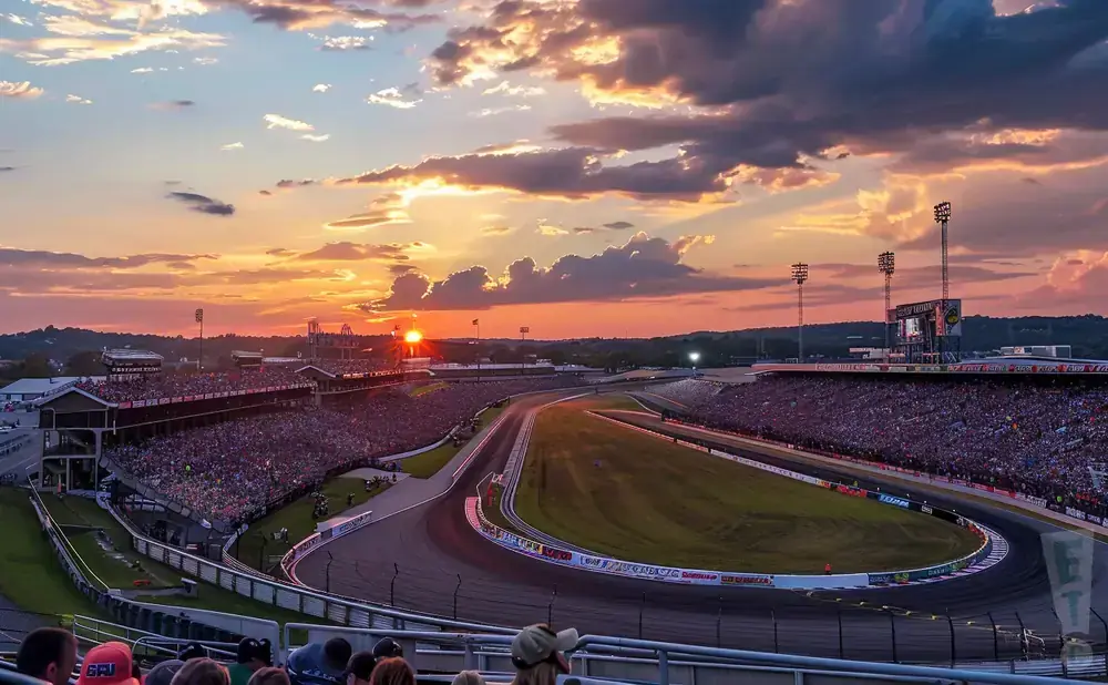 Sunset over a crowded racetrack, with grandstands filled with spectators.