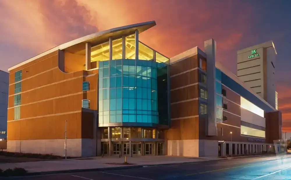 Modern brick building with a curved glass entrance under a colorful sunset sky.