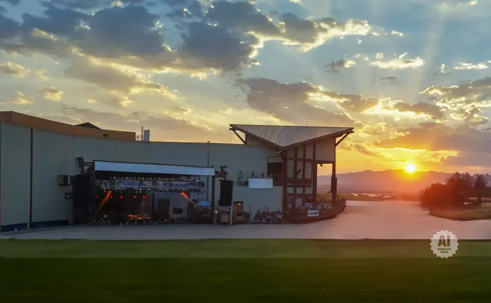Outdoor amphitheater and stage at sunset with a vibrant sky and mountains in the distance.
