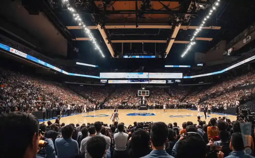 A basketball game in a packed, brightly lit arena with a wide view of the court and stands.