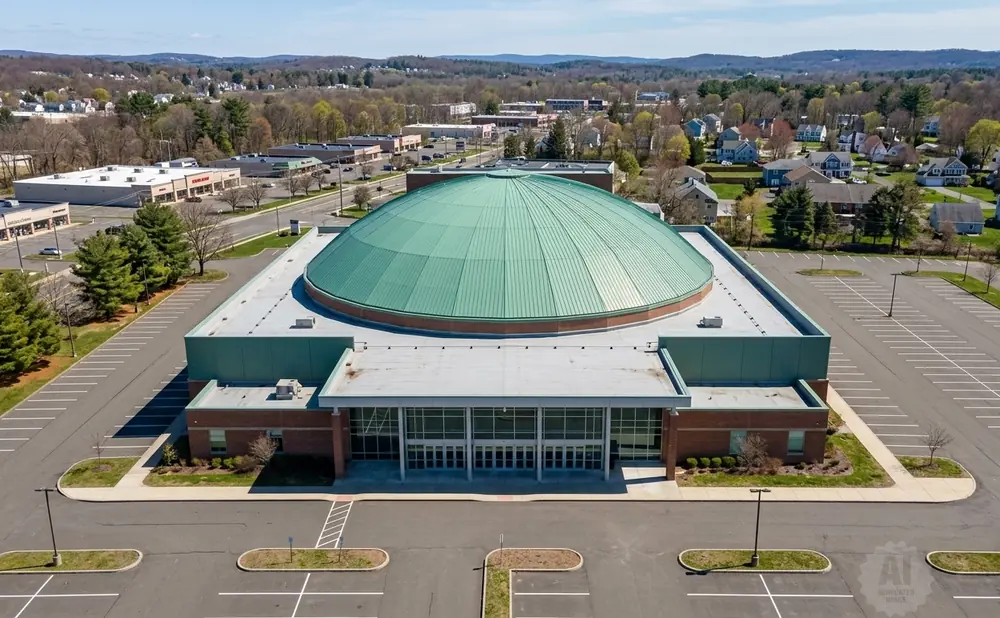 An aerial view of a large building with a green domed roof and a brick facade, surrounded by parking lots and greenery.