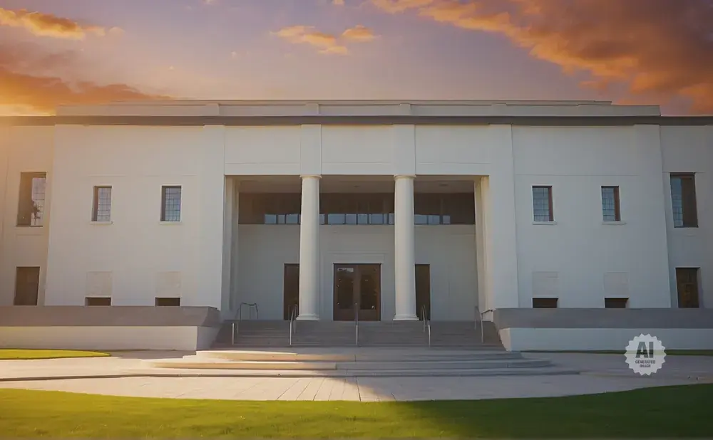 A modern, white building with large columns and a grand entrance under a warm, sunset sky.