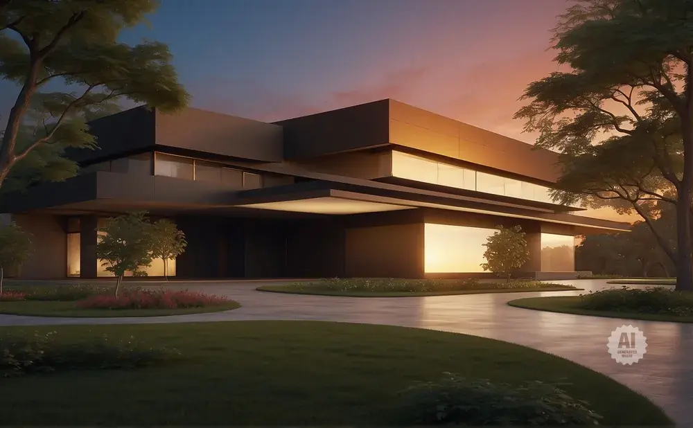 Modern house with large windows and trees at sunset.