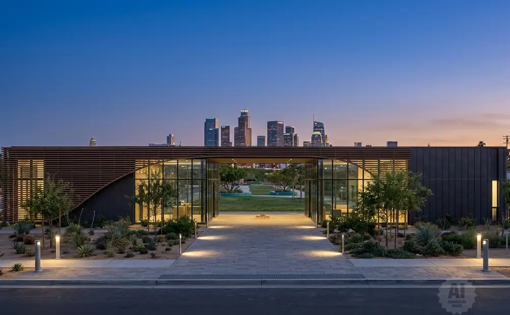 Modern building with glass walls and wooden louvers opens to a park with a city skyline at dusk.
