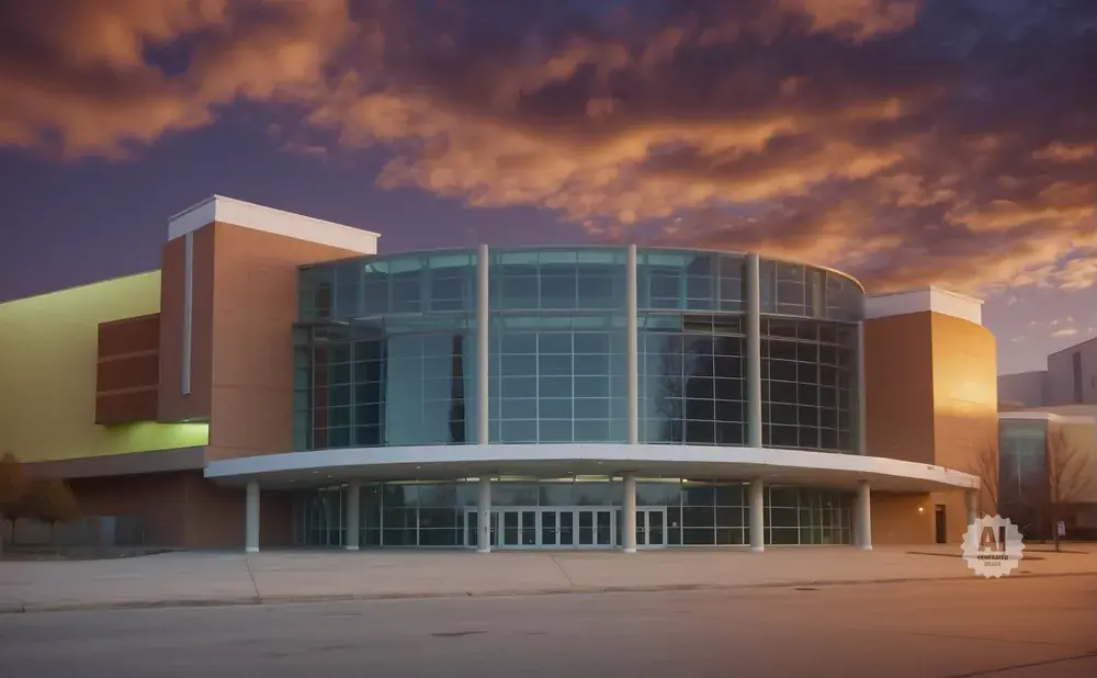 Modern building with a curved glass facade and tan brick accents under a dramatic sky.