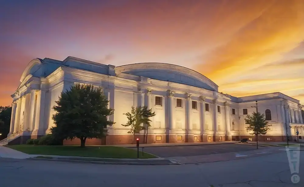 Grand white building with columns under a vibrant orange and purple sunset sky.