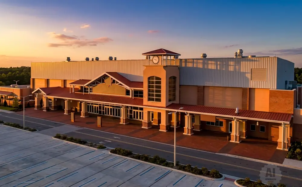 Aerial view of a large building with a clock tower at sunset, featuring a red roof and beige walls, set against a colorful sky.