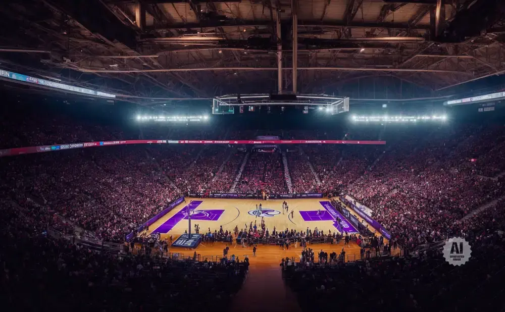 Full view of a packed basketball arena with a purple court.