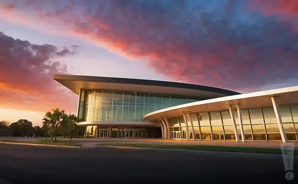 Modern building with large glass windows at sunset, with vibrant pink and orange clouds.