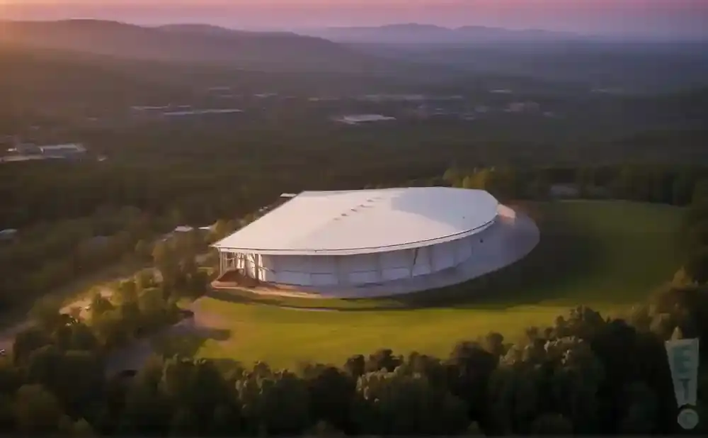 An aerial view of a large, white, oval-shaped building nestled among trees and rolling hills at sunset.