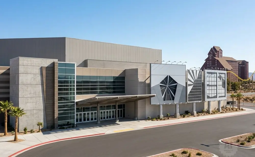 Modern building with a large gray facade, glass entrance, and decorative panels, with a roller coaster and hotel in the background.