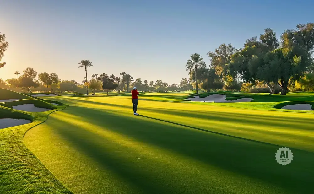 Golfer in red swings on a sun-drenched golf course with palm trees and sand traps.