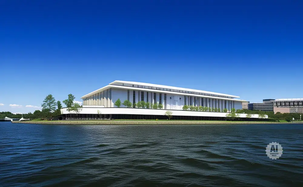 Modern white building with columns on a waterfront under a clear blue sky.
