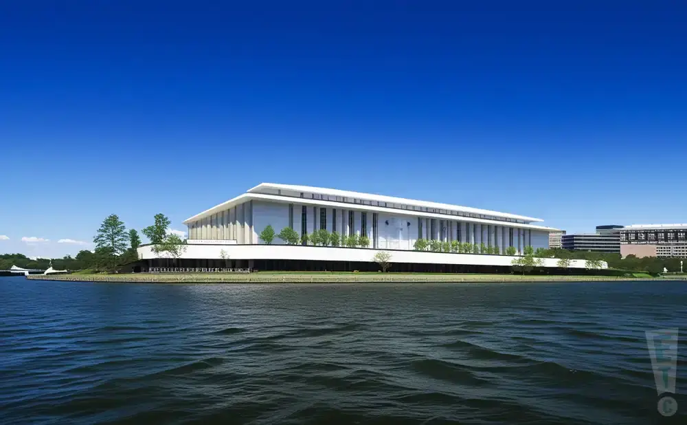 A modern white building with a flat roof sits on the edge of a blue body of water under a clear blue sky.