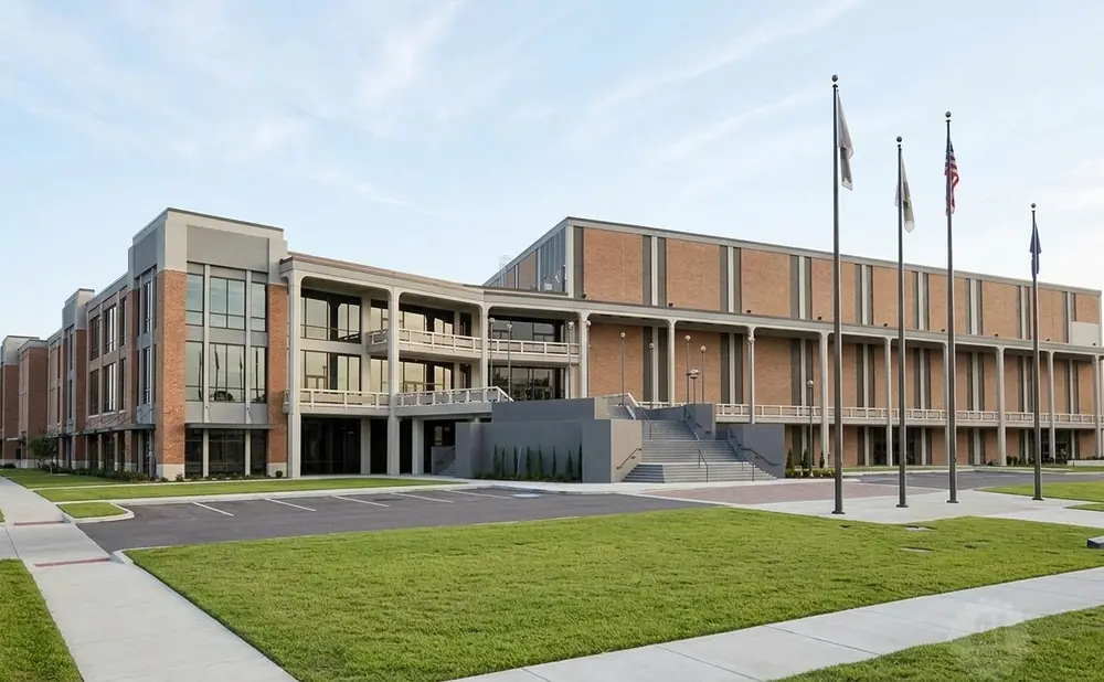 Modern brick and concrete building with large windows and flags.