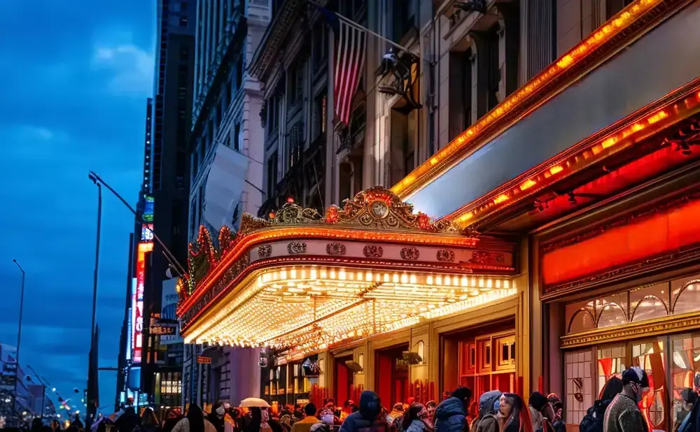 Marquee of a lit theater with a crowd below in the blue twilight.