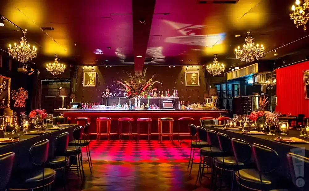 An upscale bar with red accents and ornate chandeliers, set up for dining.