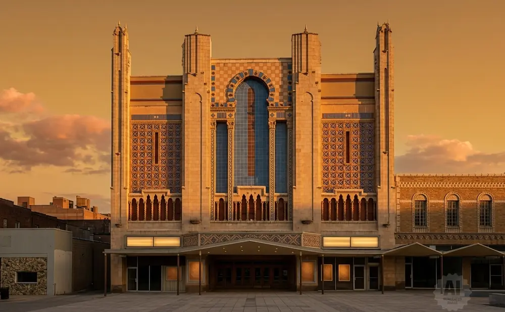 Art deco theater facade with ornate tilework and arched windows at sunset.