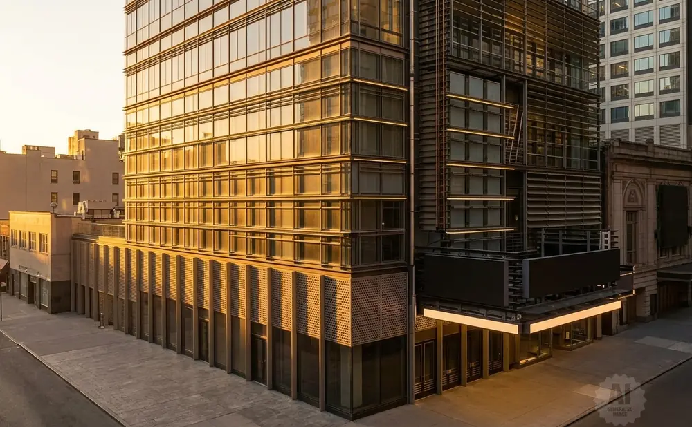 Golden hour light reflects off the glass facade of a modern, multi-story building in an urban setting.