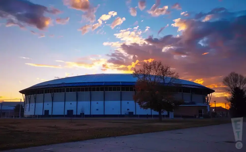 A domed building at sunset with colorful clouds in the sky.